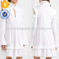 Branco Ruffled manga comprida Cold Shoulder Cotton Verão Daily Mini Dress Fabricação Atacado Moda Feminina Vestuário (TA0004D)